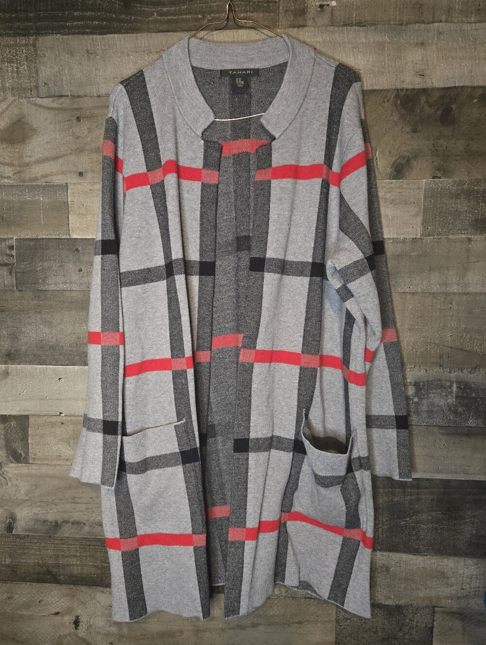 Tahari Plaid Longline Cardigan